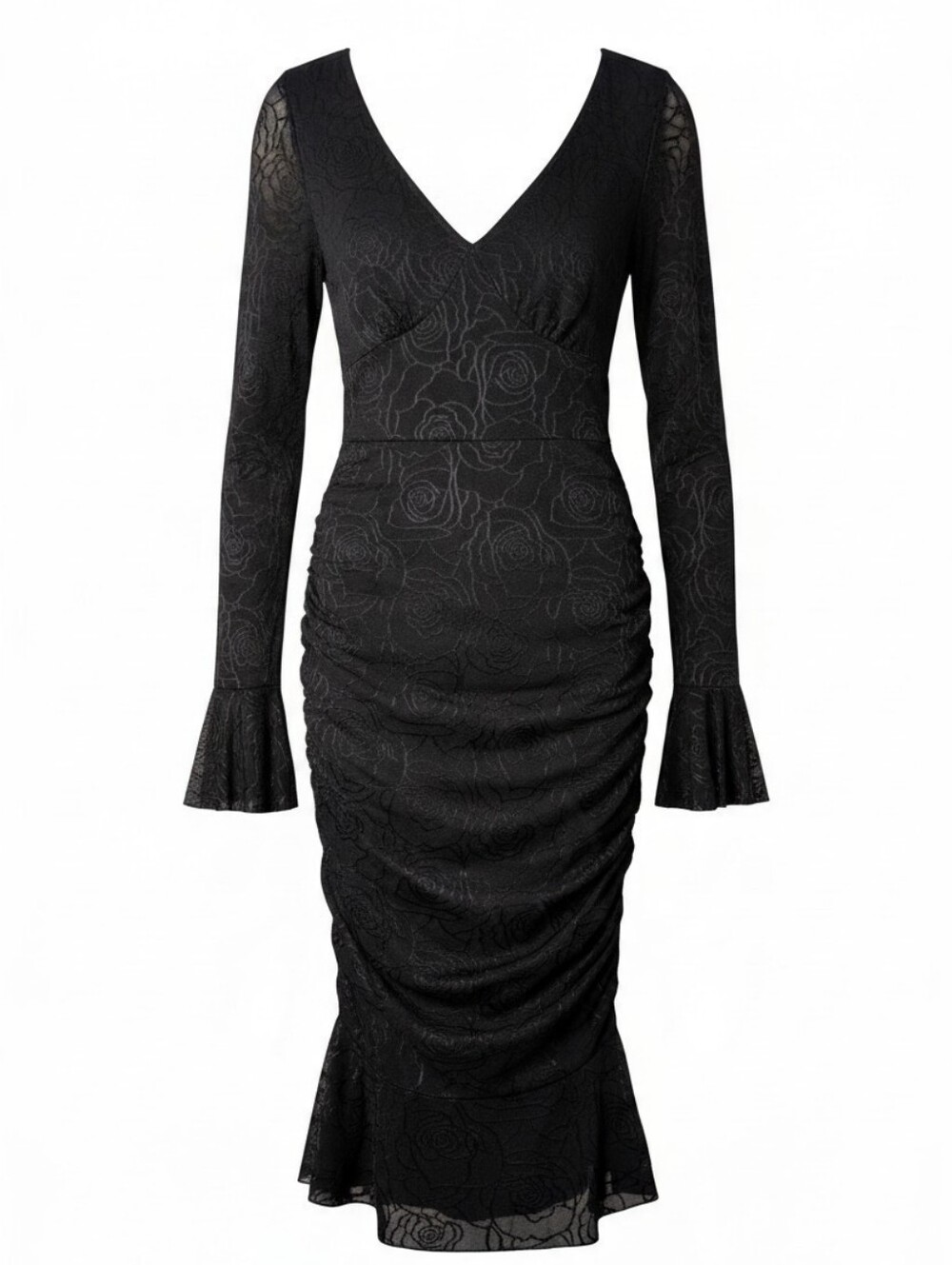 Black lace Ruched Midi Dress V-Neck Bell Sleeve Mermaid Goth Witchy Size Medium